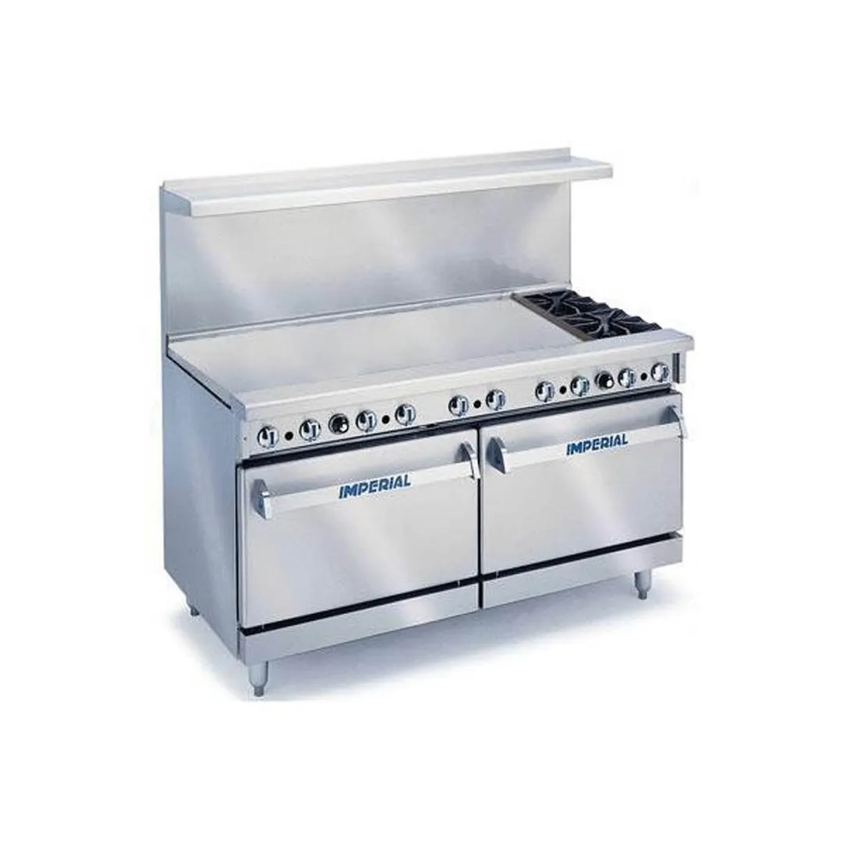 Imperial IR-2-G48 commercial gas range with 48 inch griddle, two open burners, and two oven doors