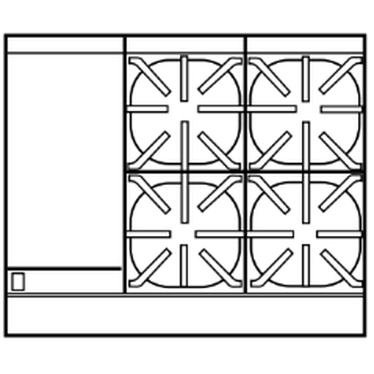 Top layout diagram of range showing a left griddle section and four open burners on the right