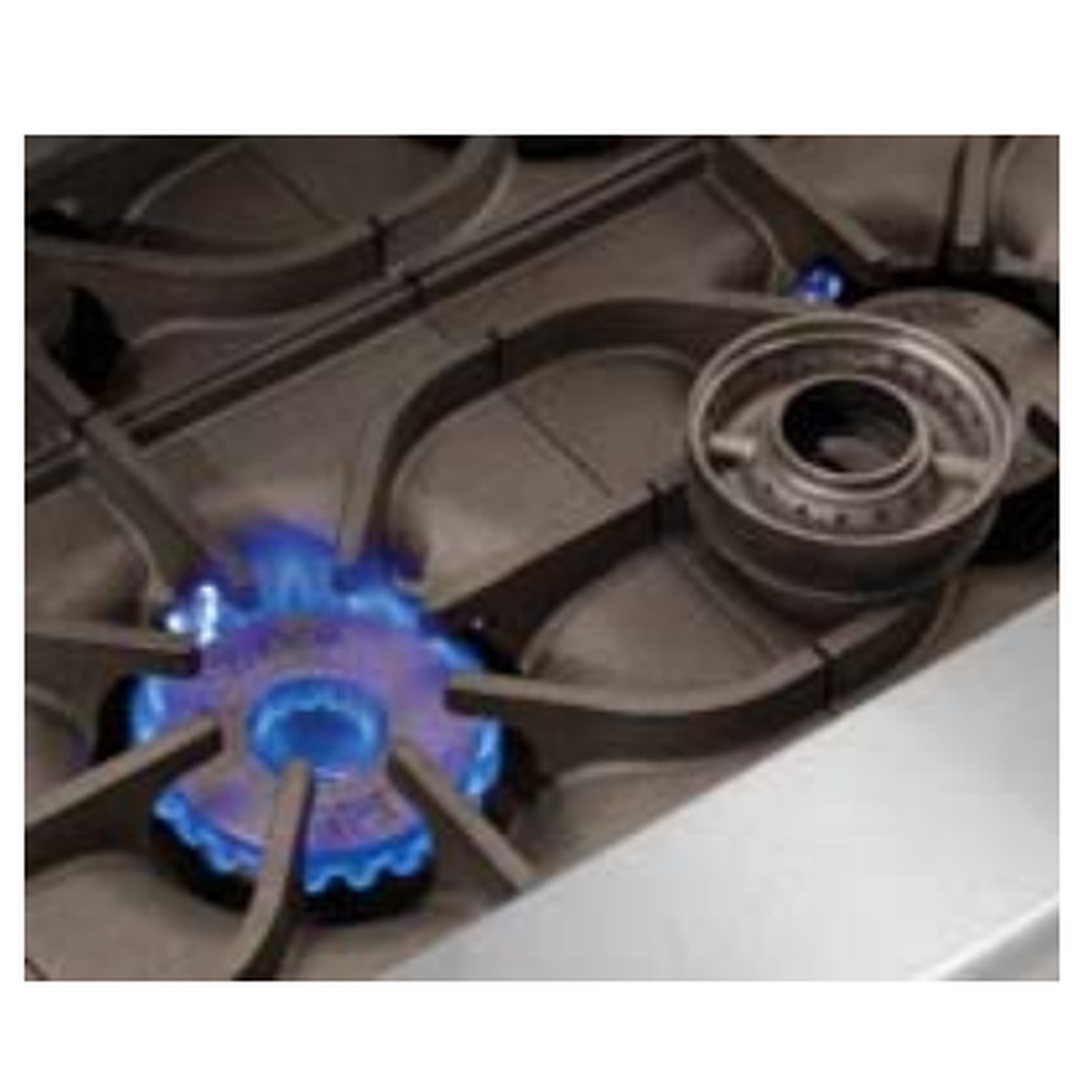 Close-up of Imperial PyroCentric open burner with cast iron grate