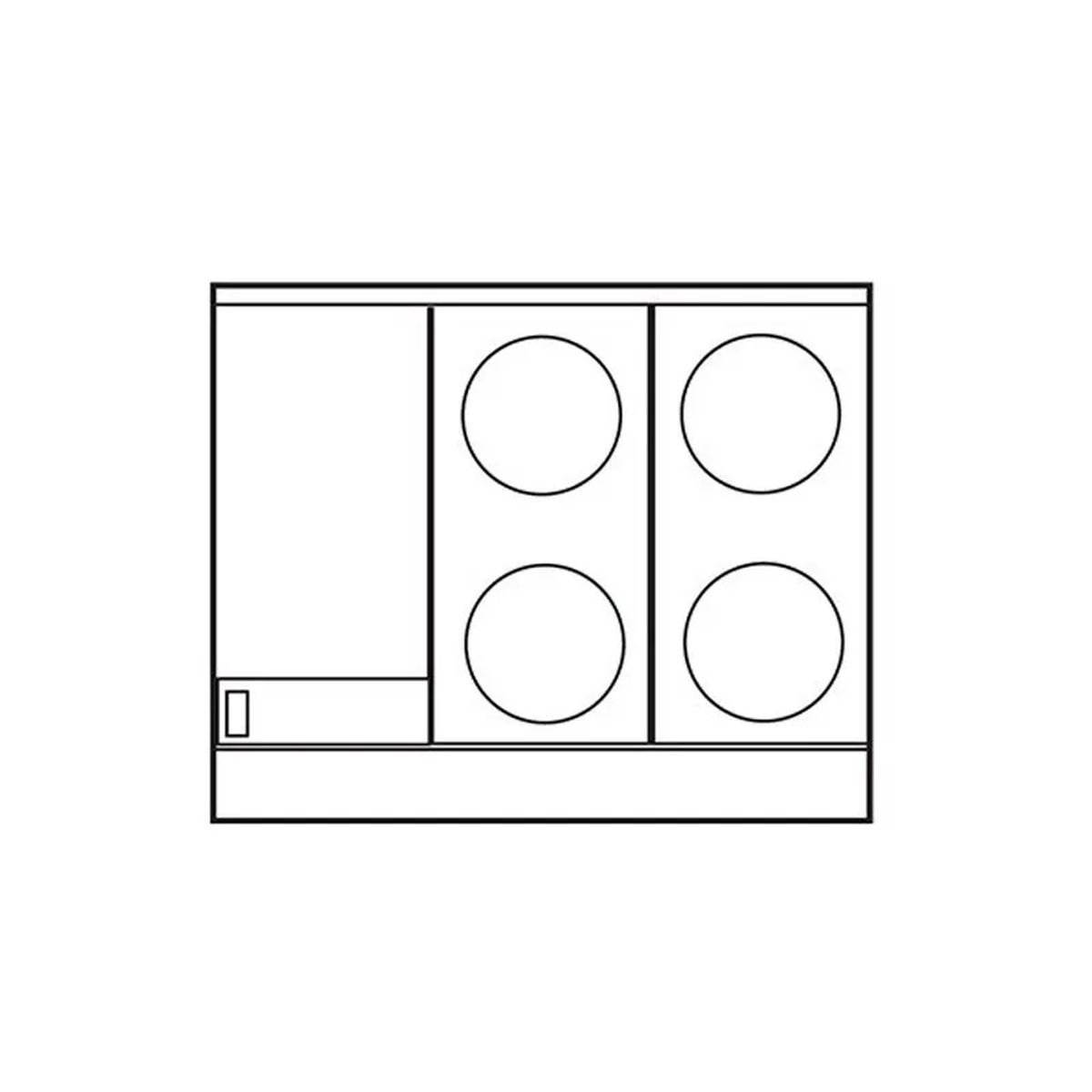 Top layout diagram showing four round hot plates and a left-side griddle section