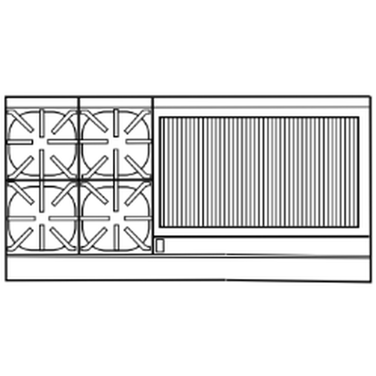 Top view diagram showing four burners and a 36 inch griddle section