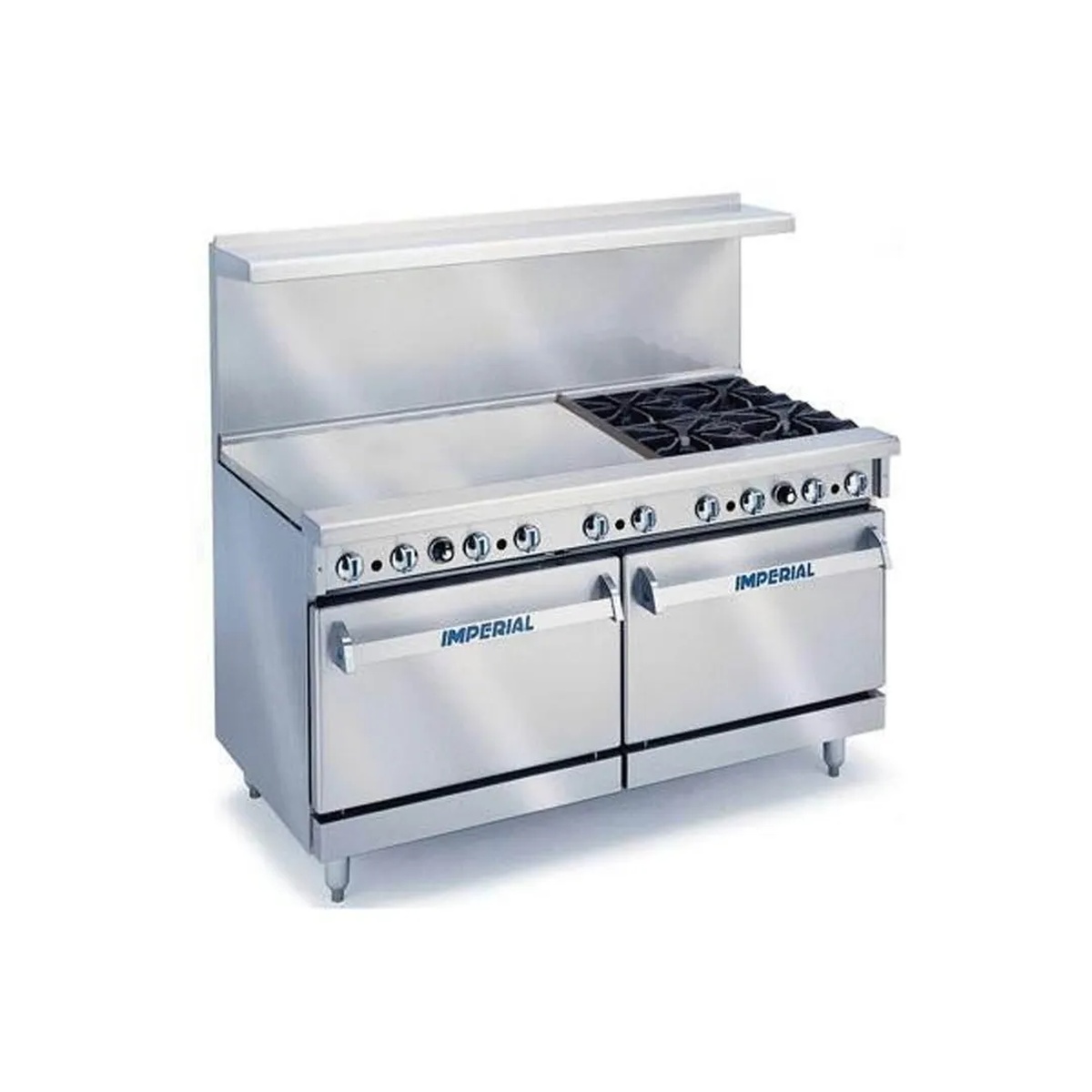 Imperial IR-4-G48 72 inch gas range with 4 open burners, 48 inch griddle, and two oven doors