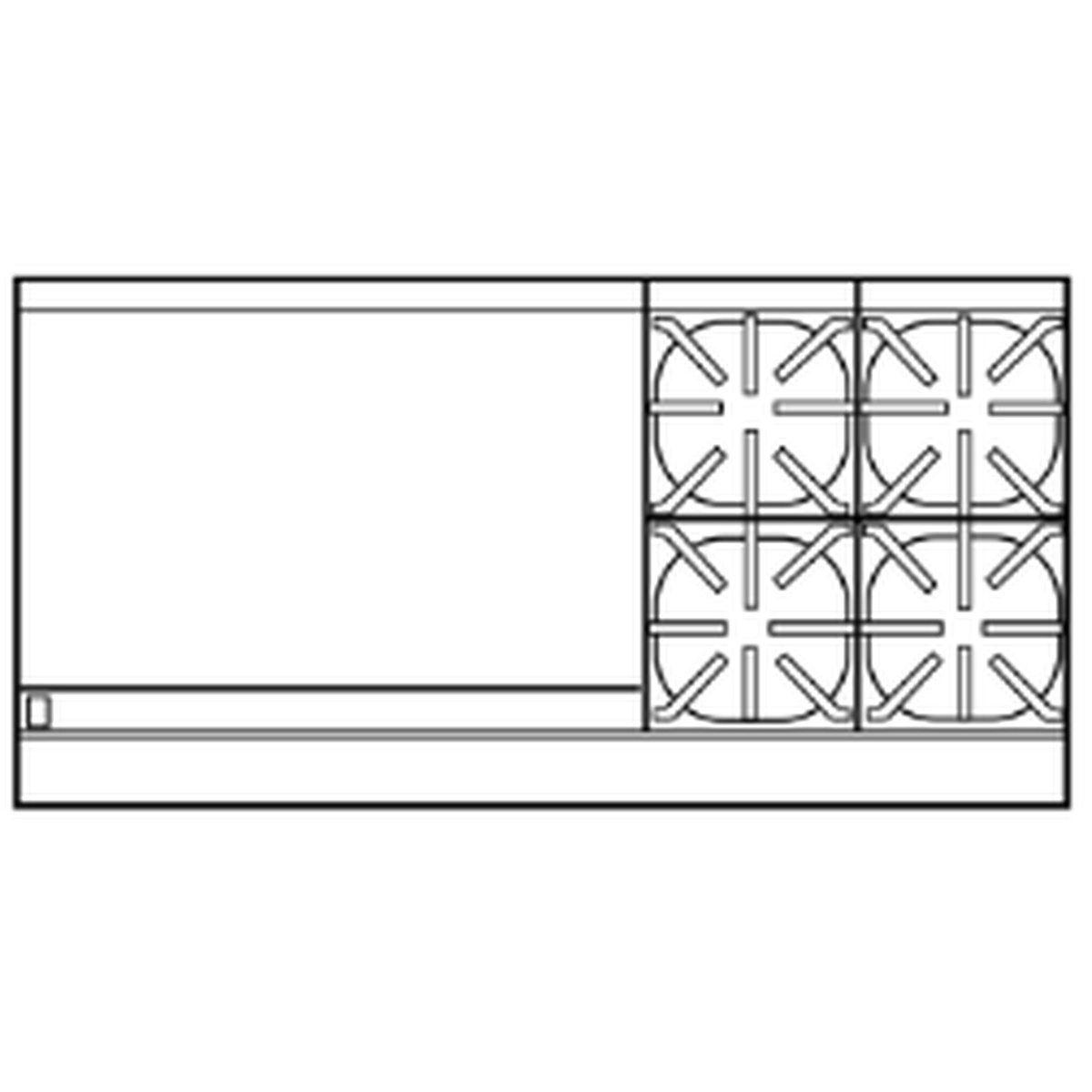 Top layout diagram highlighting raised griddle and open burner section