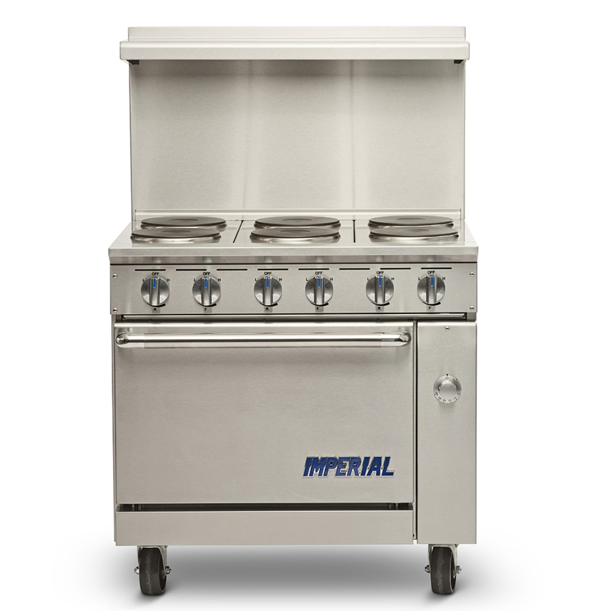Front view of Imperial IR-6-E electric range showing control knobs and standard oven door