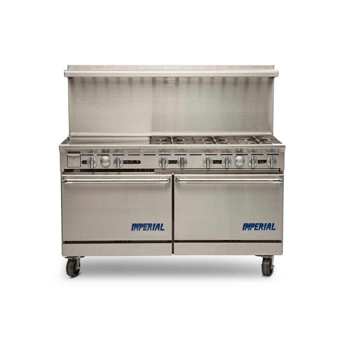 Imperial IR-6-G24 commercial gas range with six burners, griddle section, and double oven base