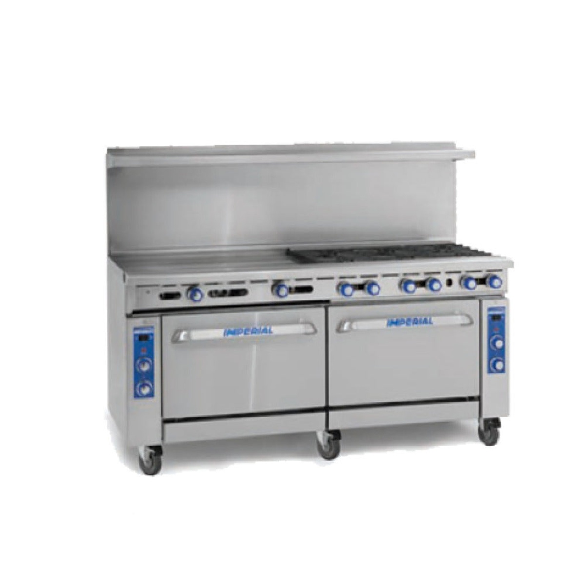 Imperial IR-6-G36-C 72 inch commercial gas range with six burners, 36 inch griddle, and double oven base