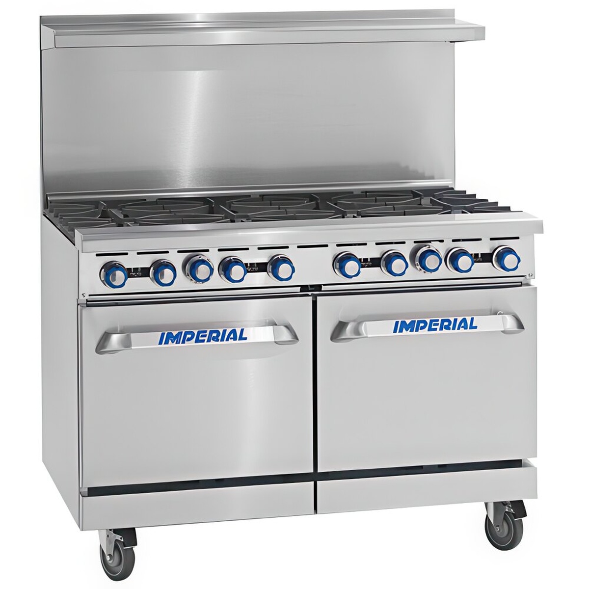 Imperial IR-8 48-inch commercial gas range with eight open burners and two oven doors