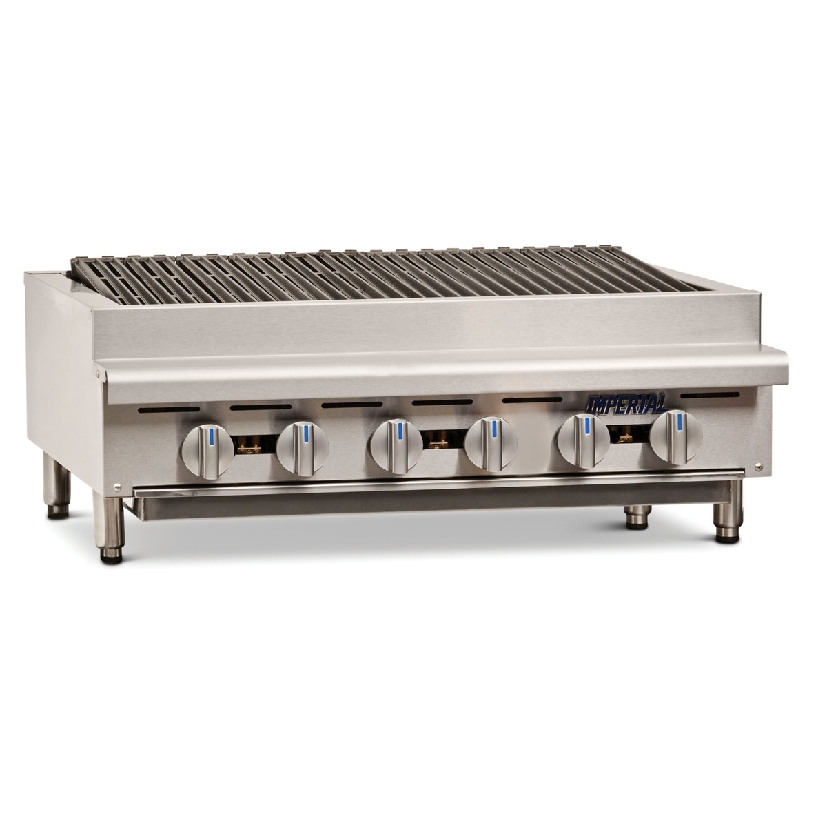 Imperial IRB-48 countertop radiant charbroiler with cast iron grates and front control knobs