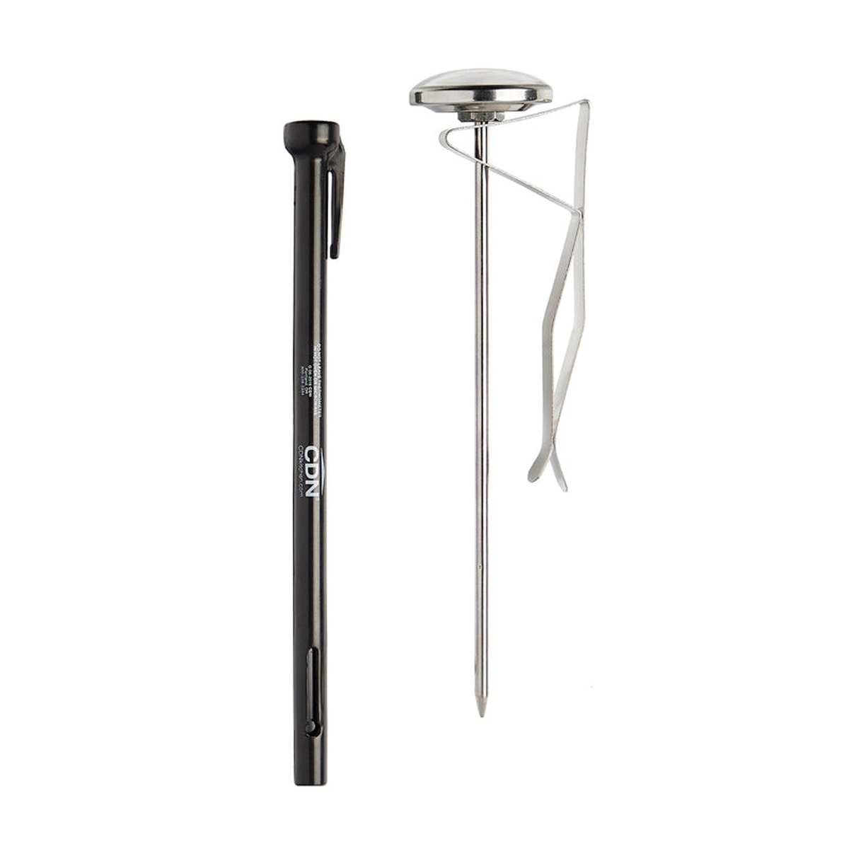 CDN IRB220-F thermometer and protective sheath shown vertically to display long stem and adjustable metal clip