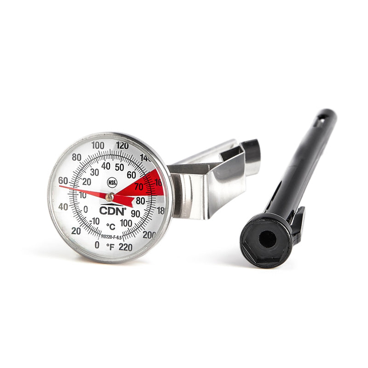 CDN IRB220-F-6.5 frothing thermometer dial face with red-highlighted frothing zone and protective sheath removed