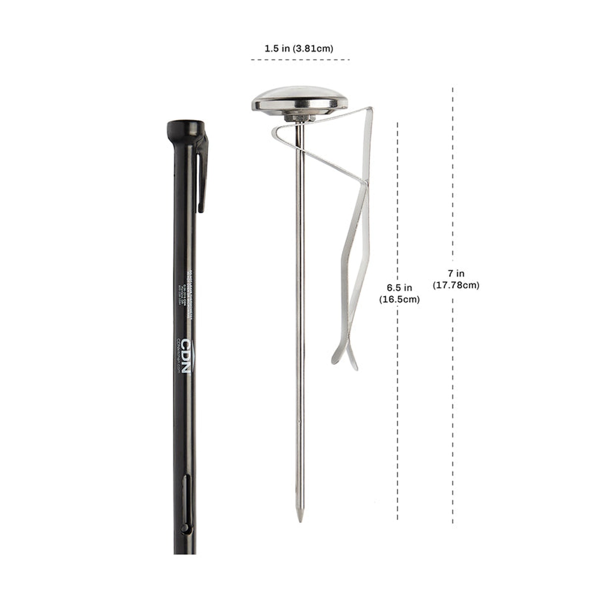 CDN IRB220-F-6.5 dimension diagram showing 1.5 in dial width, 6.5 in stem length, and 7 in total height with measurements in centimeters