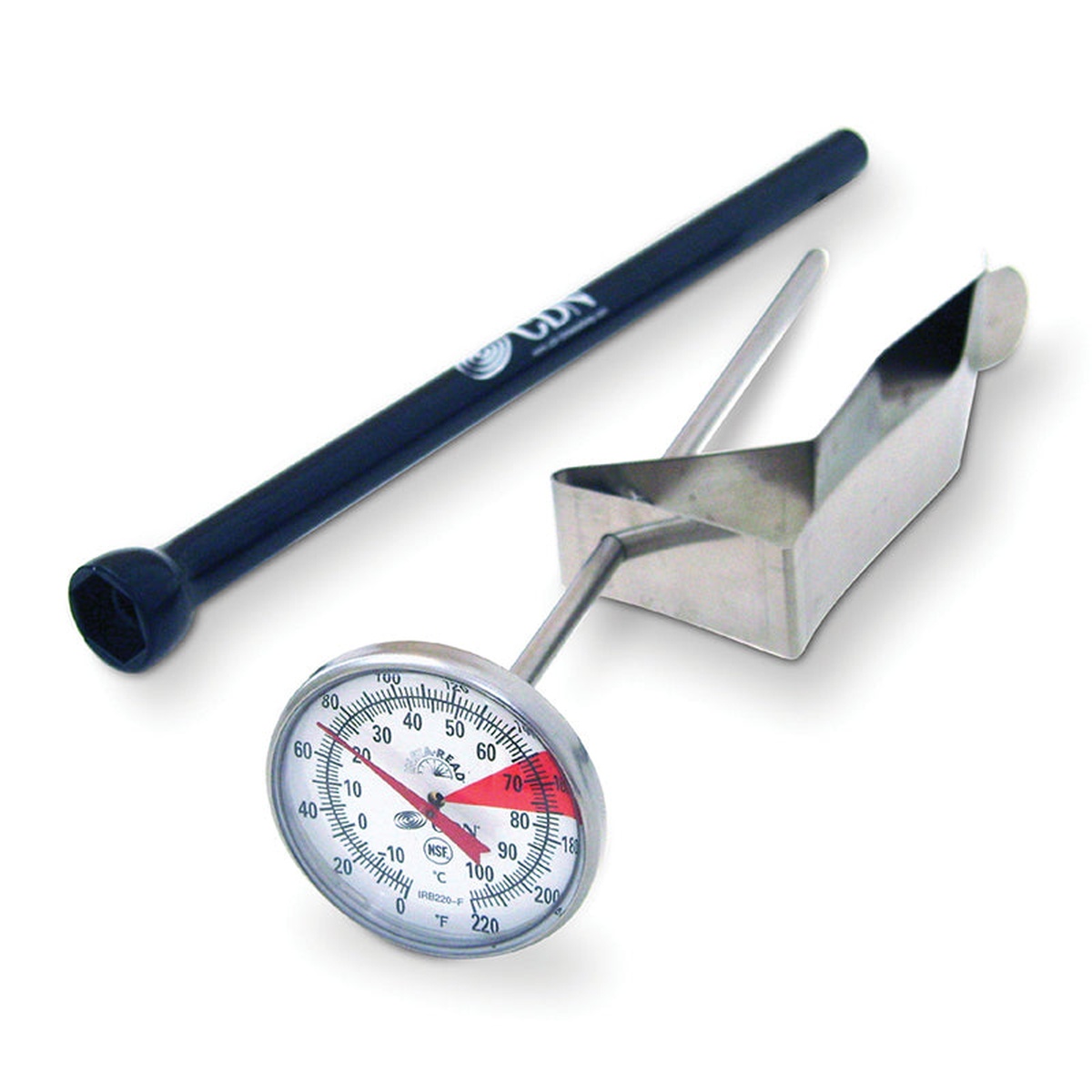 CDN frothing thermometer angled view showing full probe stem, stainless steel large-pitcher clip, and BioCote sheath