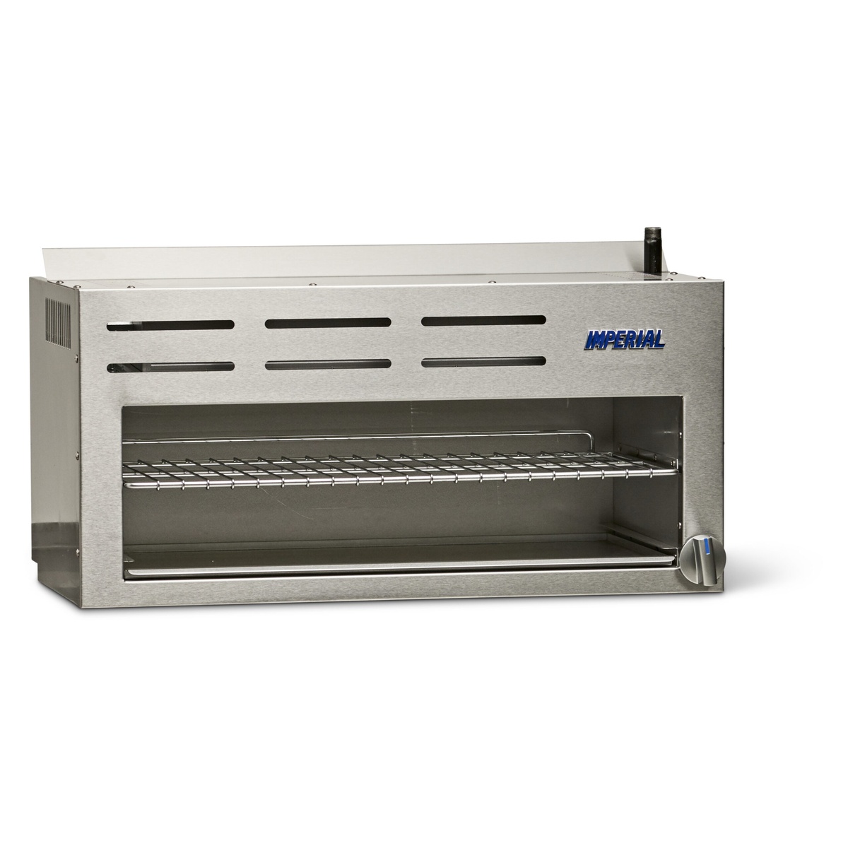 Imperial IRCM-60 stainless steel gas cheese melter broiler, front view with interior rack