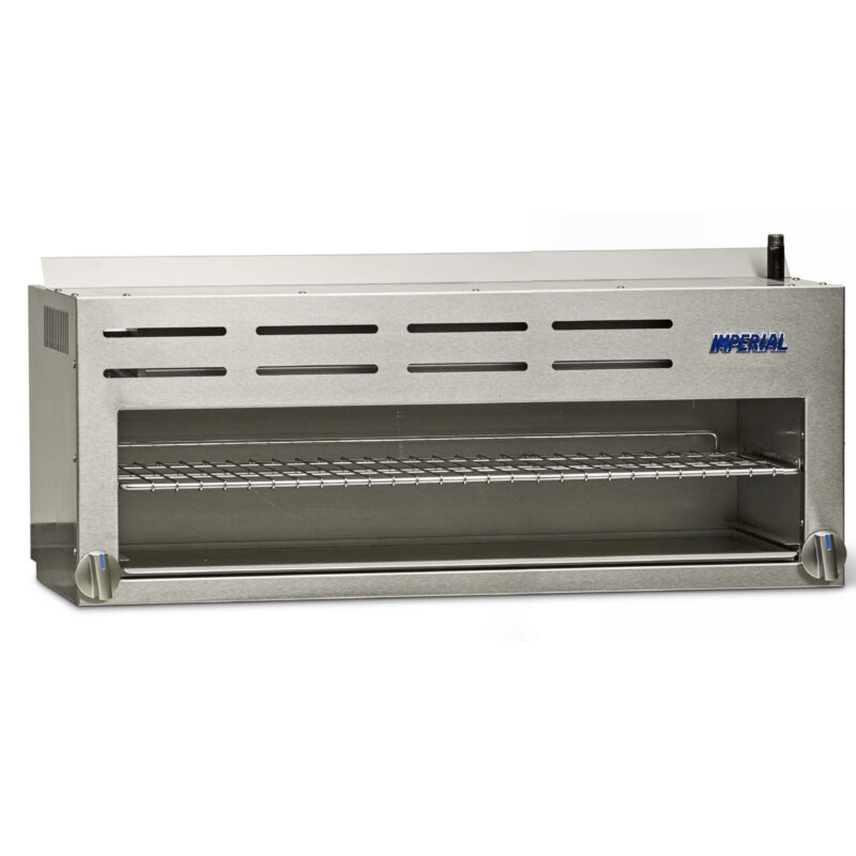 Imperial IRCM-72 cheese melter broiler showing cooking rack and control knobs