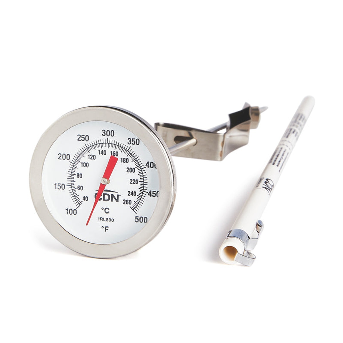CDN IRL500 long stem fry thermometer with dial face, adjustable fryer clip, and protective sheath on white background