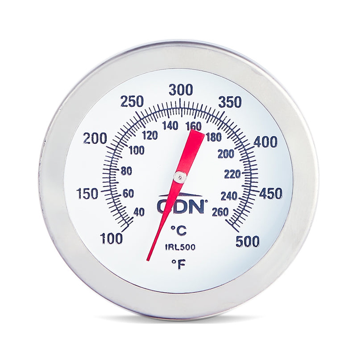 Close-up of CDN IRL500 fry thermometer dial face showing dual Fahrenheit and Celsius scales from 100 to 500 degrees