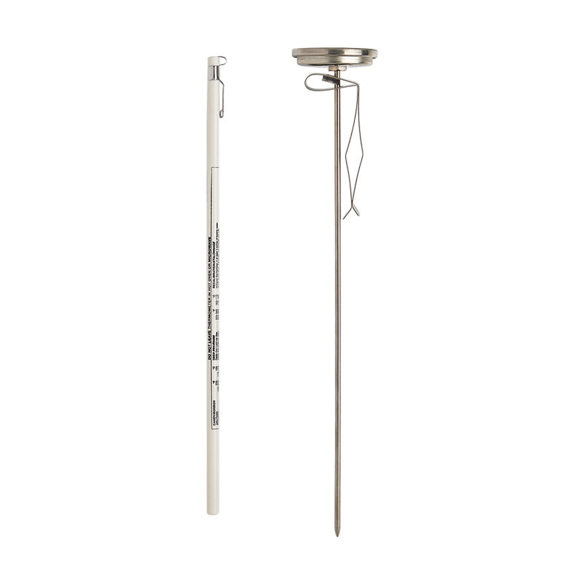 CDN IRL500 fry thermometer showing protective sheath with printed guides alongside the 12-inch stainless steel probe with fryer clip