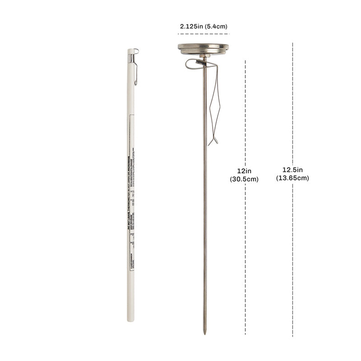 CDN IRL500 fry thermometer dimension diagram showing 2.125-inch dial width, 12-inch probe length, and 12.5-inch overall height