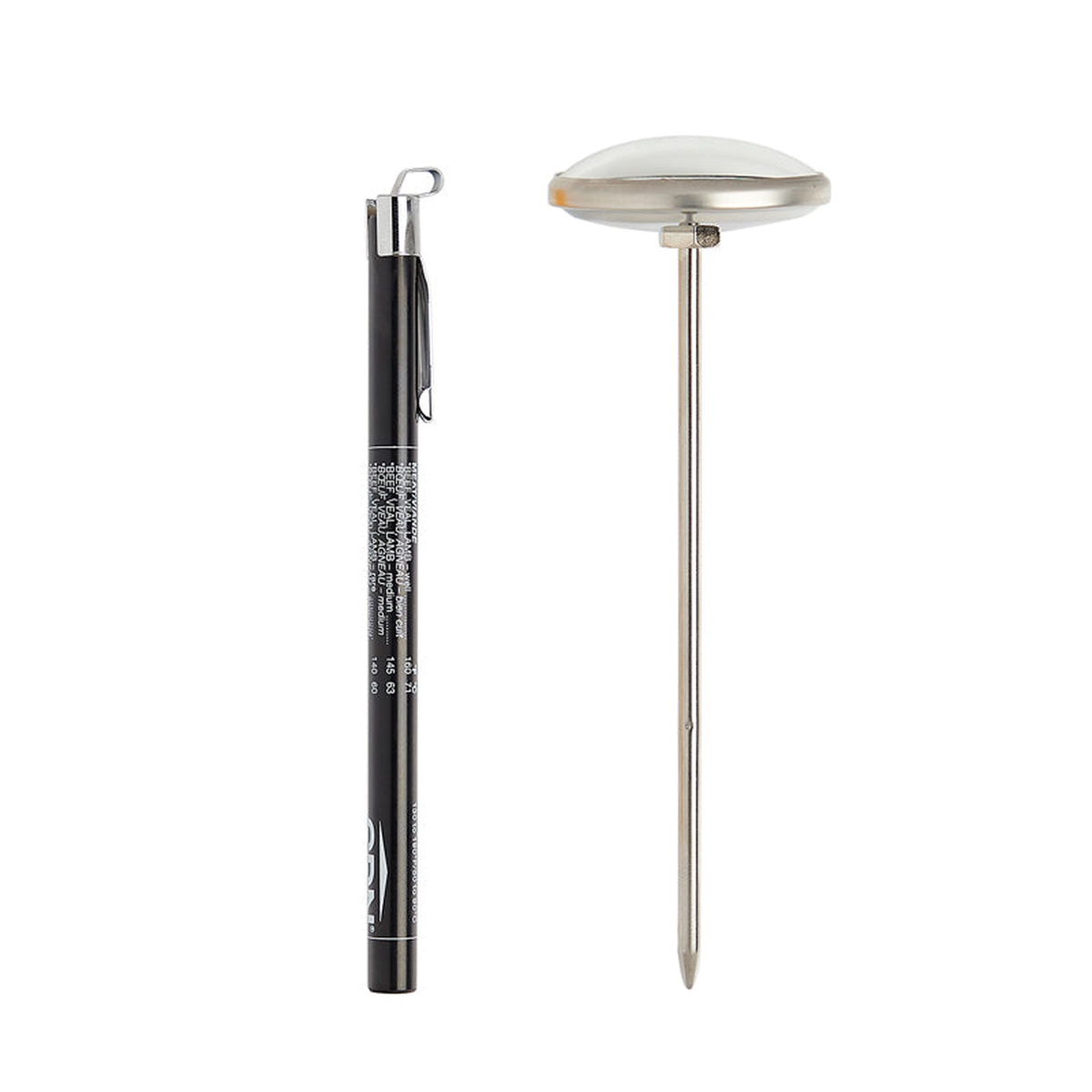 Side profile of CDN IRM190 thermometer showing the 304 stainless steel stem and protective pocket sheath with clip