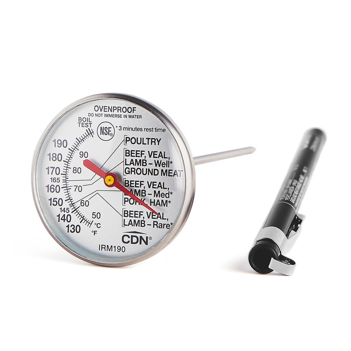 CDN IRM190 ovenproof meat thermometer dial face alongside its protective pocket sheath