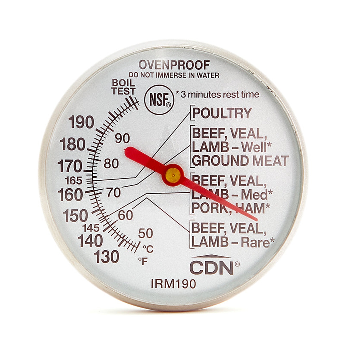 Close-up of CDN IRM190 dial face showing USDA food temperature zones for poultry, ground meat, pork, and beef