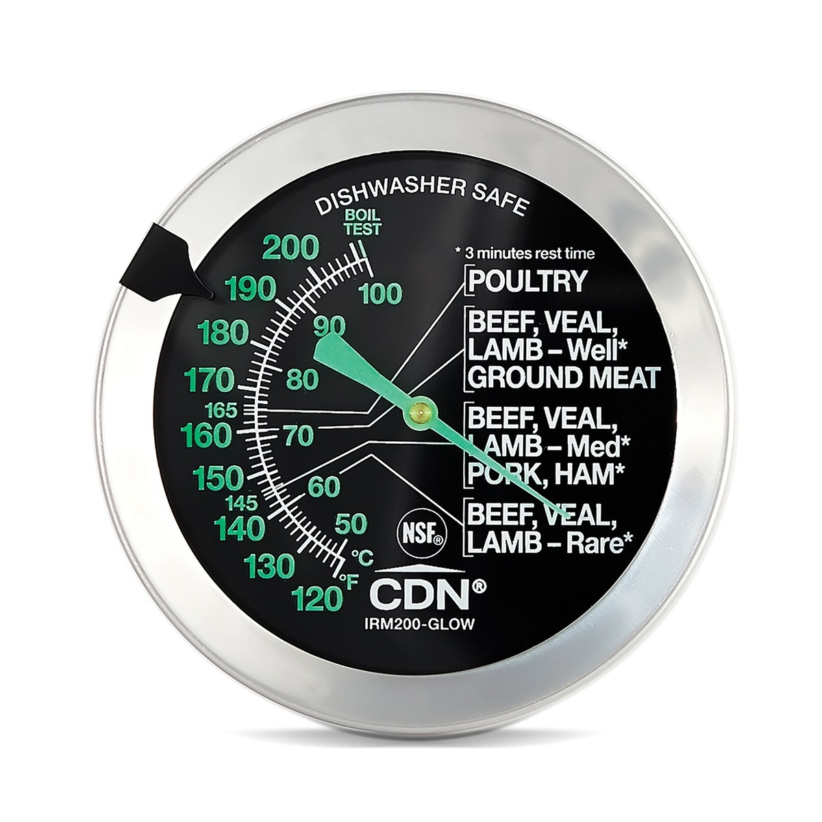 CDN IRM200-GLOW thermometer front view showing full glow dial with USDA safe temperature guide for poultry, beef, veal, lamb, pork, ham, and ground meat