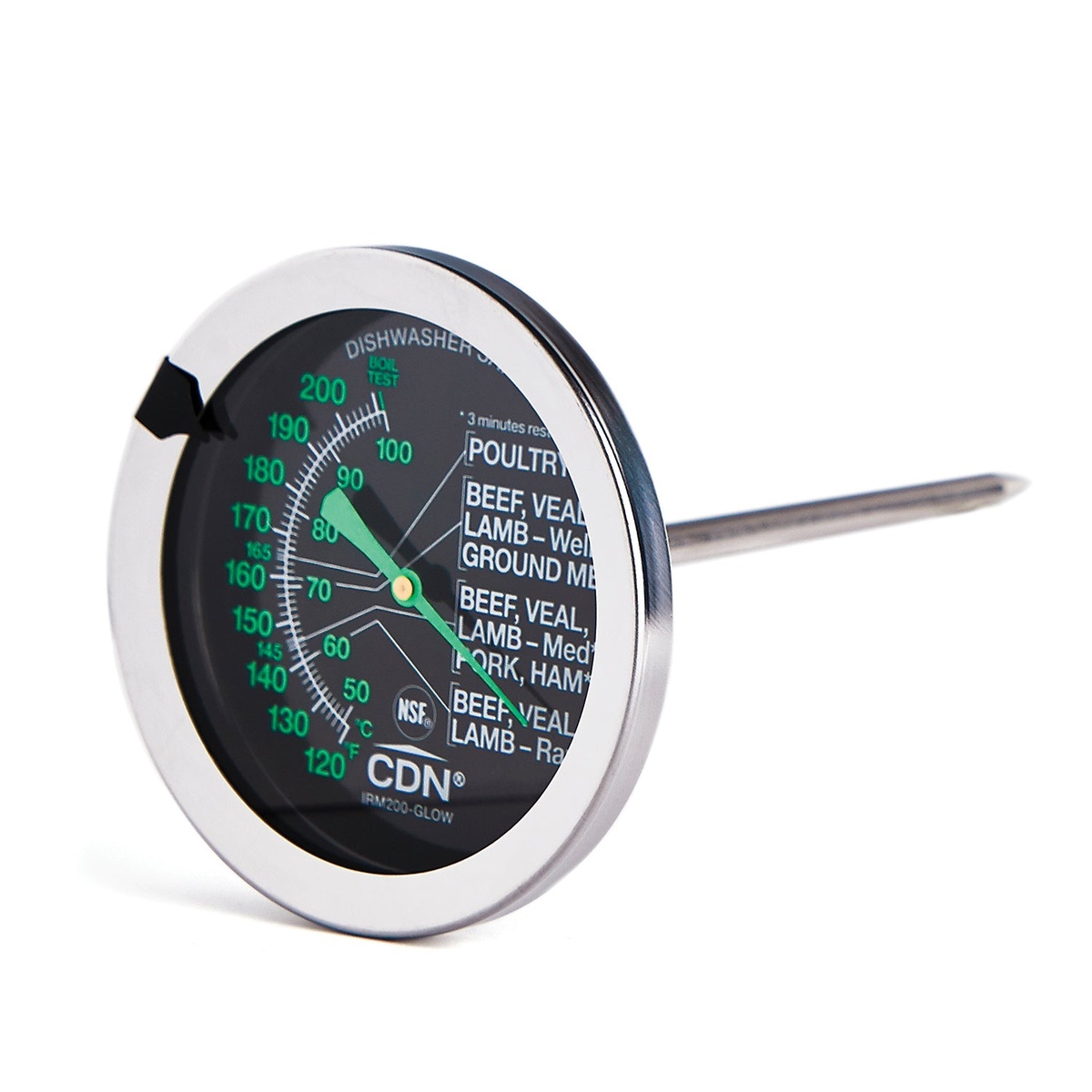 CDN IRM200-GLOW ovenproof meat thermometer angled view showing glow-in-the-dark dial with USDA temperature guide and stainless steel probe