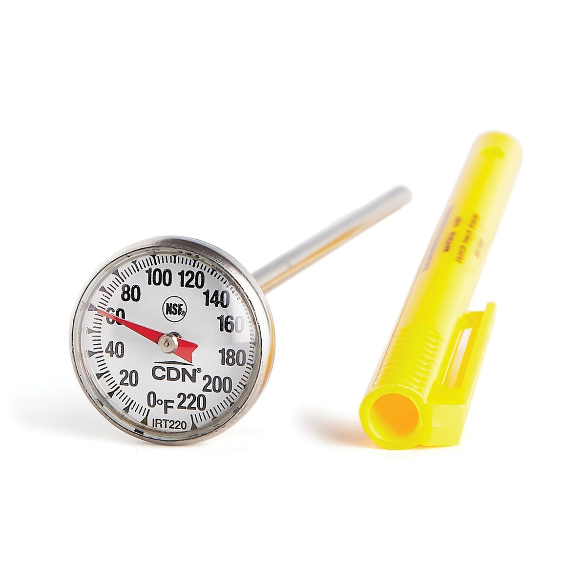 CDN IRT220 cooking thermometer with stainless steel stem and dial alongside yellow protective sheath with pocket clip