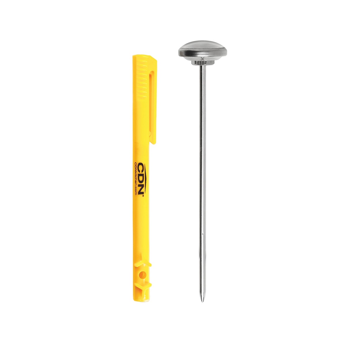 CDN IRT220 thermometer components laid out showing yellow ABS plastic protective sheath with pocket clip and full-length stainless steel probe stem