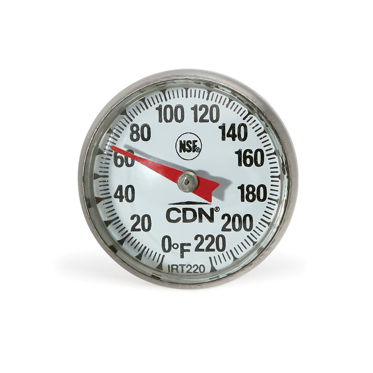 Close-up of CDN IRT220 analog dial face showing NSF certification mark, red indicator needle, and 0-220 degrees Fahrenheit temperature scale