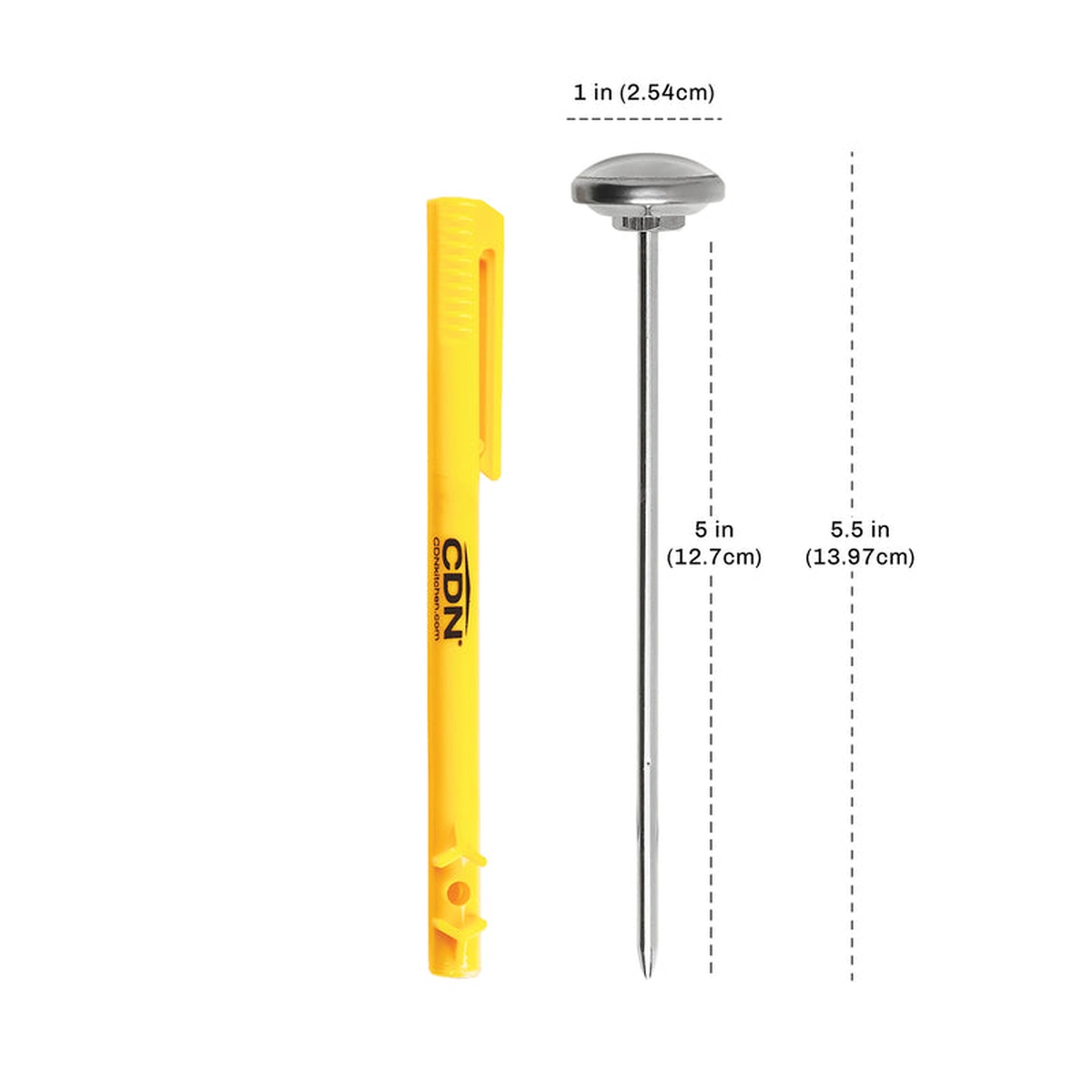 CDN IRT220 thermometer dimension diagram showing 1-inch dial width, 5-inch stem, and 5.5-inch total height alongside the yellow sheath