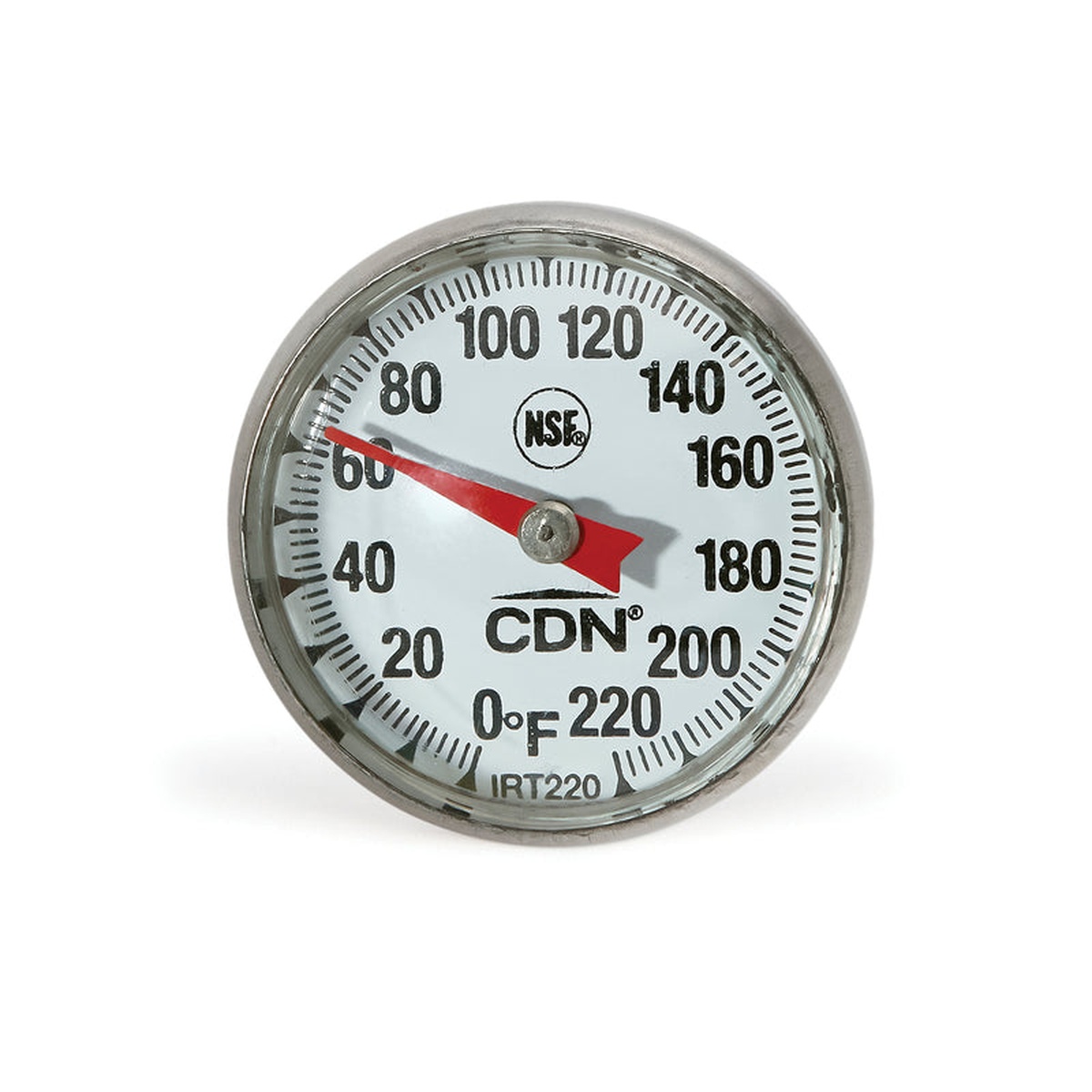 Close-up of the CDN IRT220 thermometer dial face showing 0 to 220°F markings and NSF certification badge