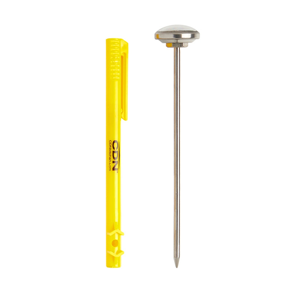 CDN IRT550 thermometer probe and yellow food-safe ABS plastic sheath with pocket clip shown side by side