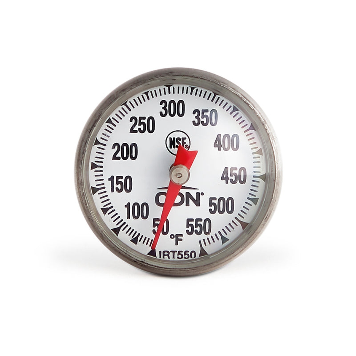 Close-up of CDN IRT550 thermometer dial face showing NSF certification mark and 50 to 550 degree Fahrenheit scale
