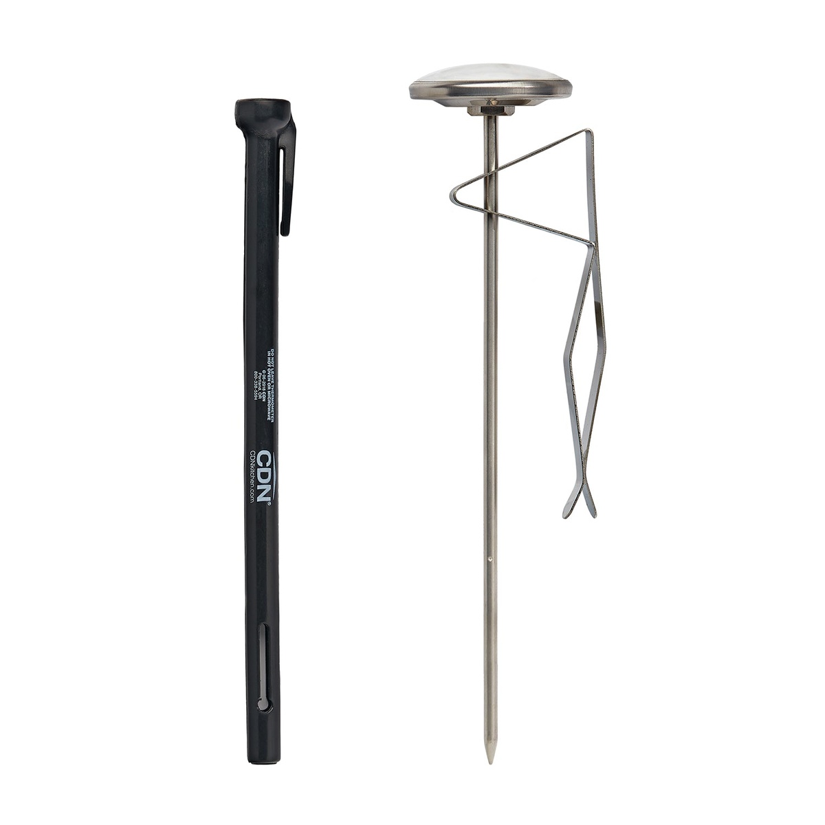 CDN IRTL220 thermometer with black sheath and stainless steel pitcher clip shown separately against white background