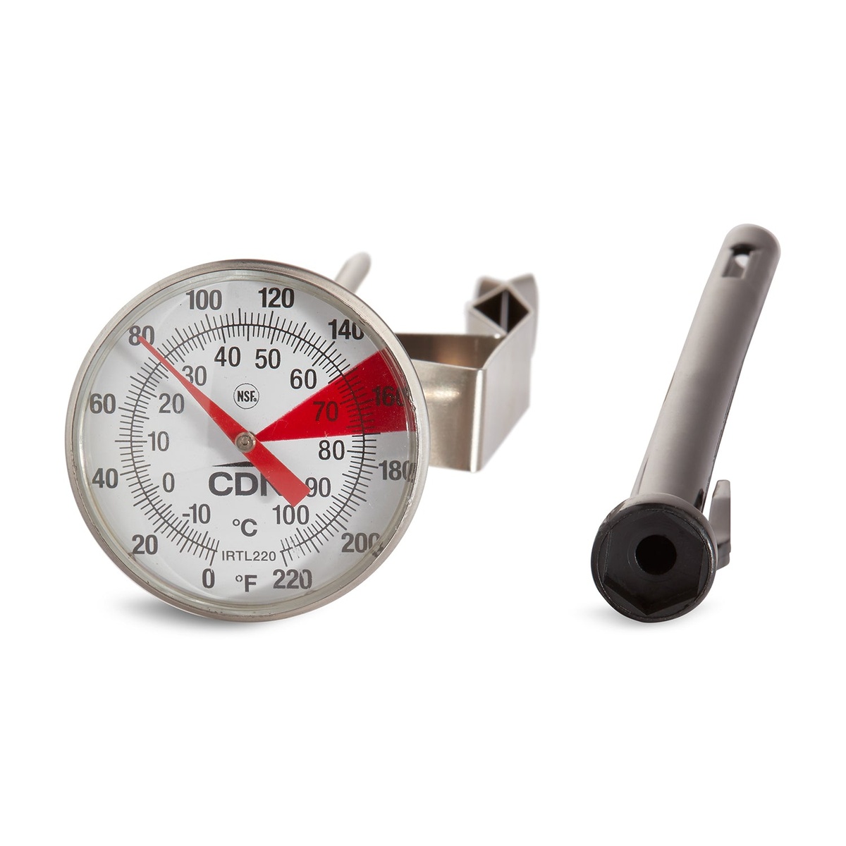 CDN IRTL220 frothing thermometer dial face showing NSF mark, dual-scale display, and red frothing zone, with stem and sheath tip shown separately