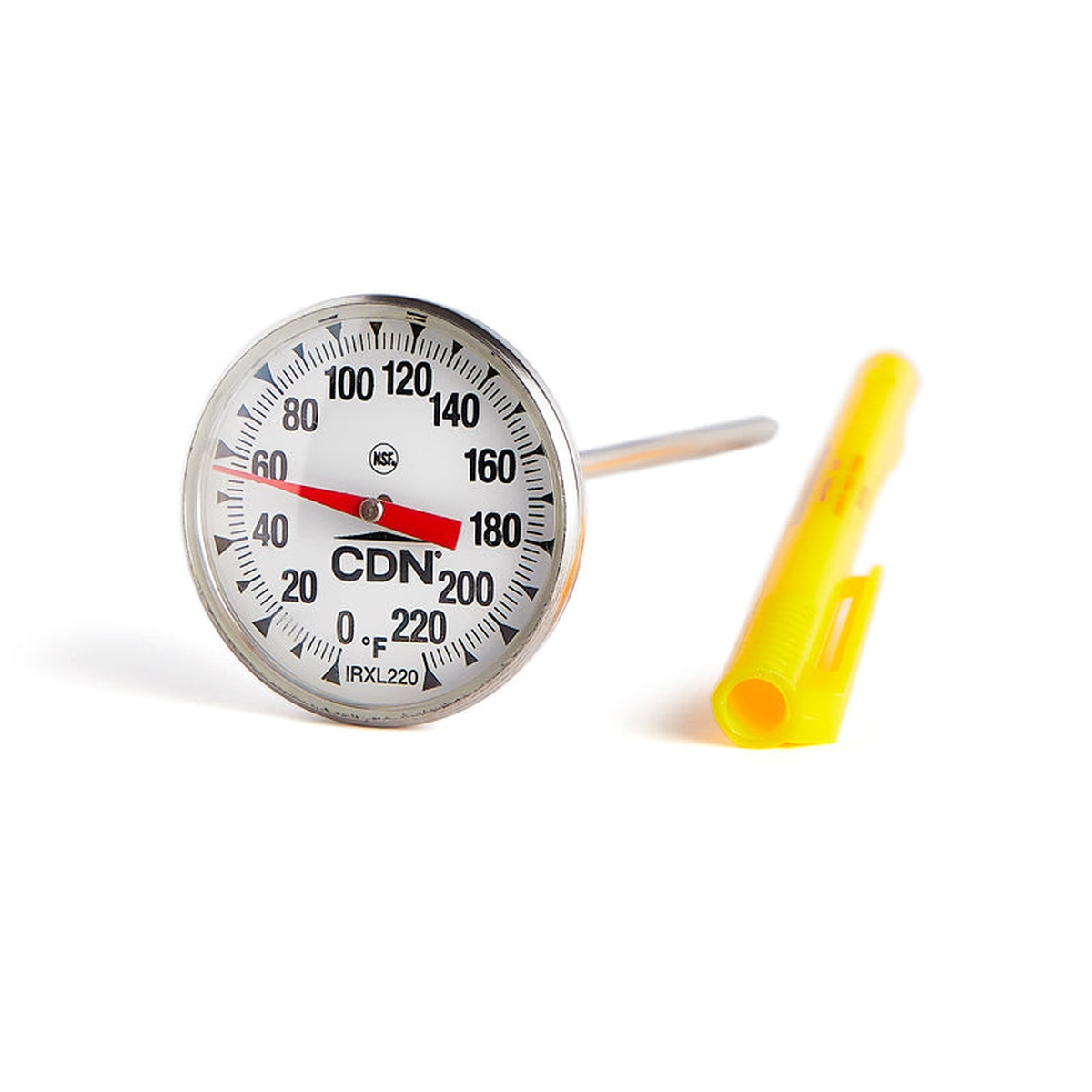 CDN IRXL220 cooking thermometer front view showing dial face and yellow protective sheath
