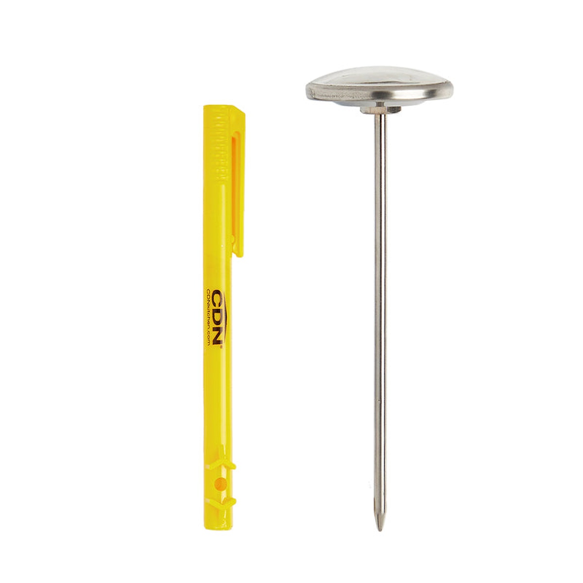 CDN IRXL220 thermometer side profile showing 5-inch stainless steel stem alongside the yellow calibration sheath