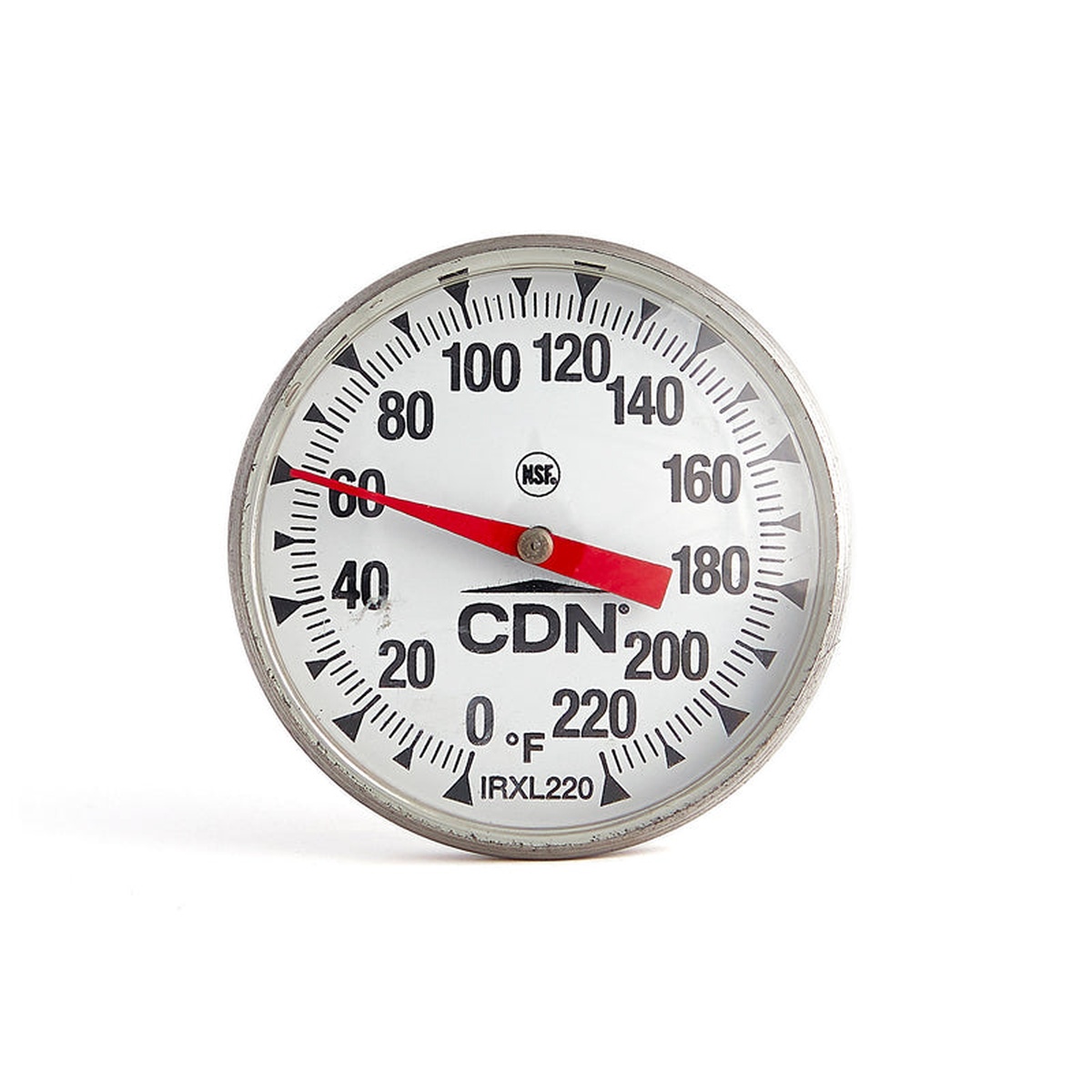 Close-up of CDN IRXL220 large dial face showing NSF certification mark and full temperature scale