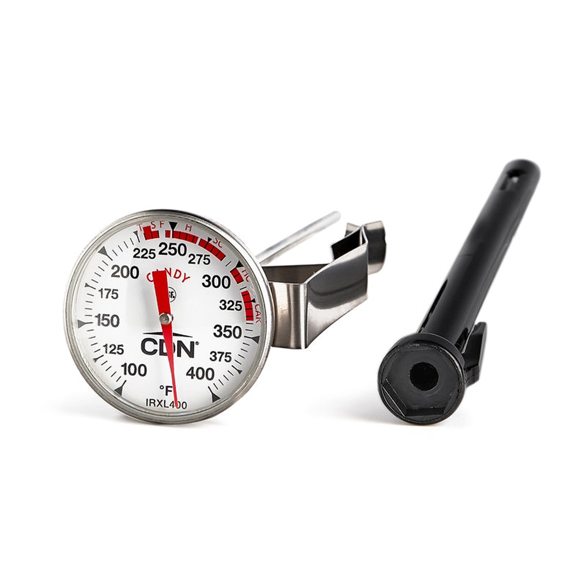 CDN IRXL400 candy and deep fry thermometer dial face with stainless steel housing and black protective sheath shown alongside