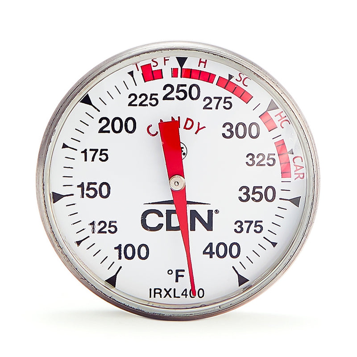 Close-up of CDN IRXL400 dial face showing color-coded candy stage markings from 100 to 400 degrees Fahrenheit