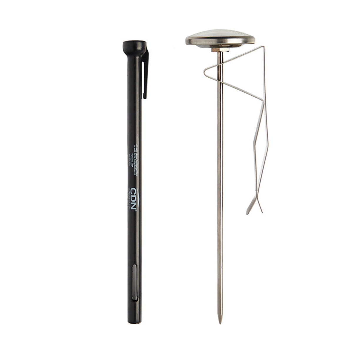 CDN IRXL400 thermometer components shown separately: black protective sheath on left, stainless steel probe with adjustable clip on right