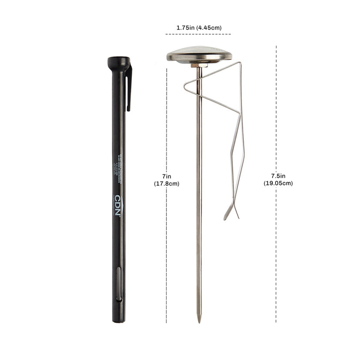 CDN IRXL400 thermometer dimension diagram showing 1.75 inch dial width, 7 inch stem length, and 7.5 inch overall height