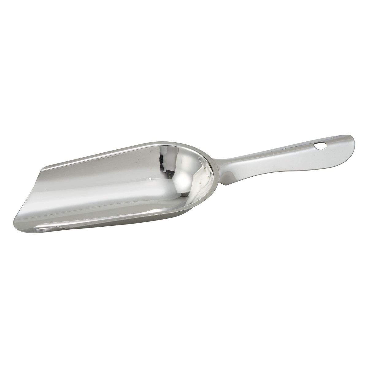 Winco IS-4 4 oz stainless steel bar ice scoop with polished finish and hanging hole in handle