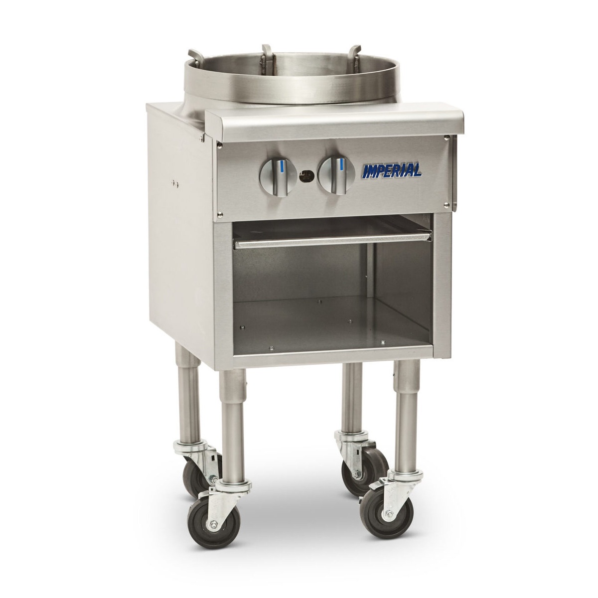 Imperial stainless steel wok range with round wok ring, control knobs, and open cabinet base