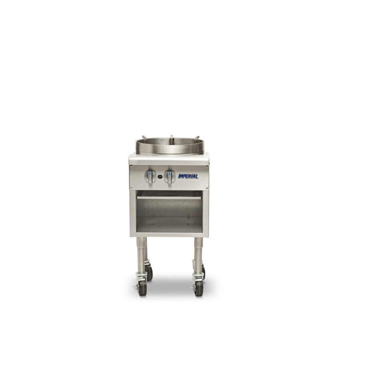 Front view of Imperial wok range showing two control knobs, wok ring, and open storage base