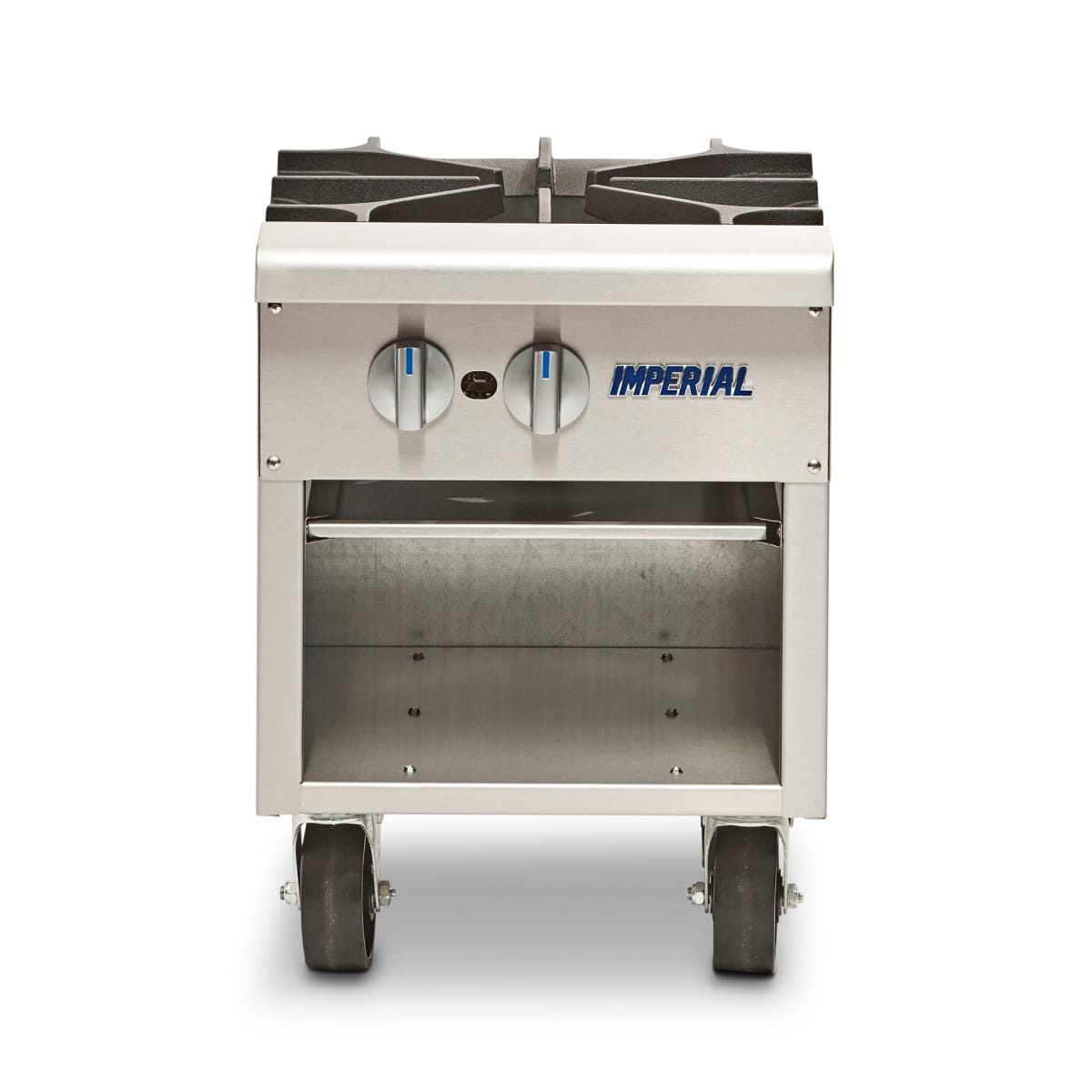 Imperial ISPA-18 stock pot range with cast iron grate, manual controls, and open-front cabinet