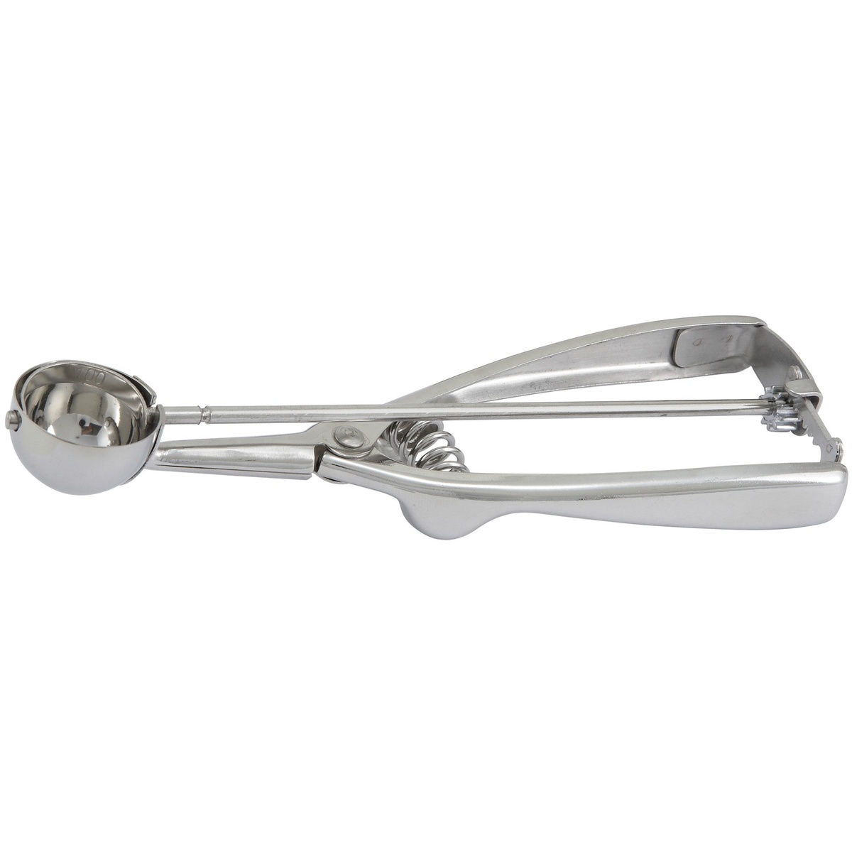 Winco ISS-100 stainless steel size 100 squeeze disher with round bowl and spring-loaded squeeze handle