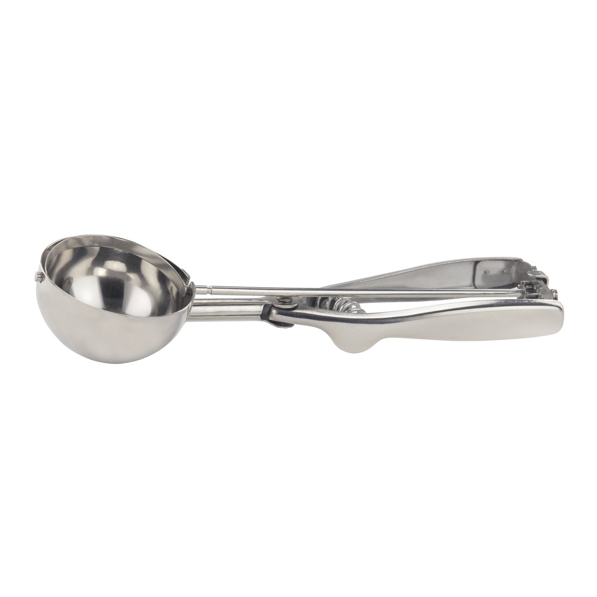 Winco ISS-12 stainless steel size 12 squeeze disher with round bowl and spring-loaded squeeze handle