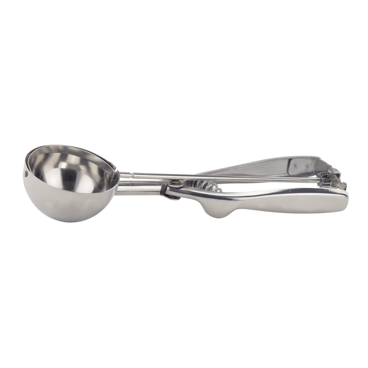 Winco ISS-16 stainless steel squeeze disher size 16 with round bowl and squeeze handle